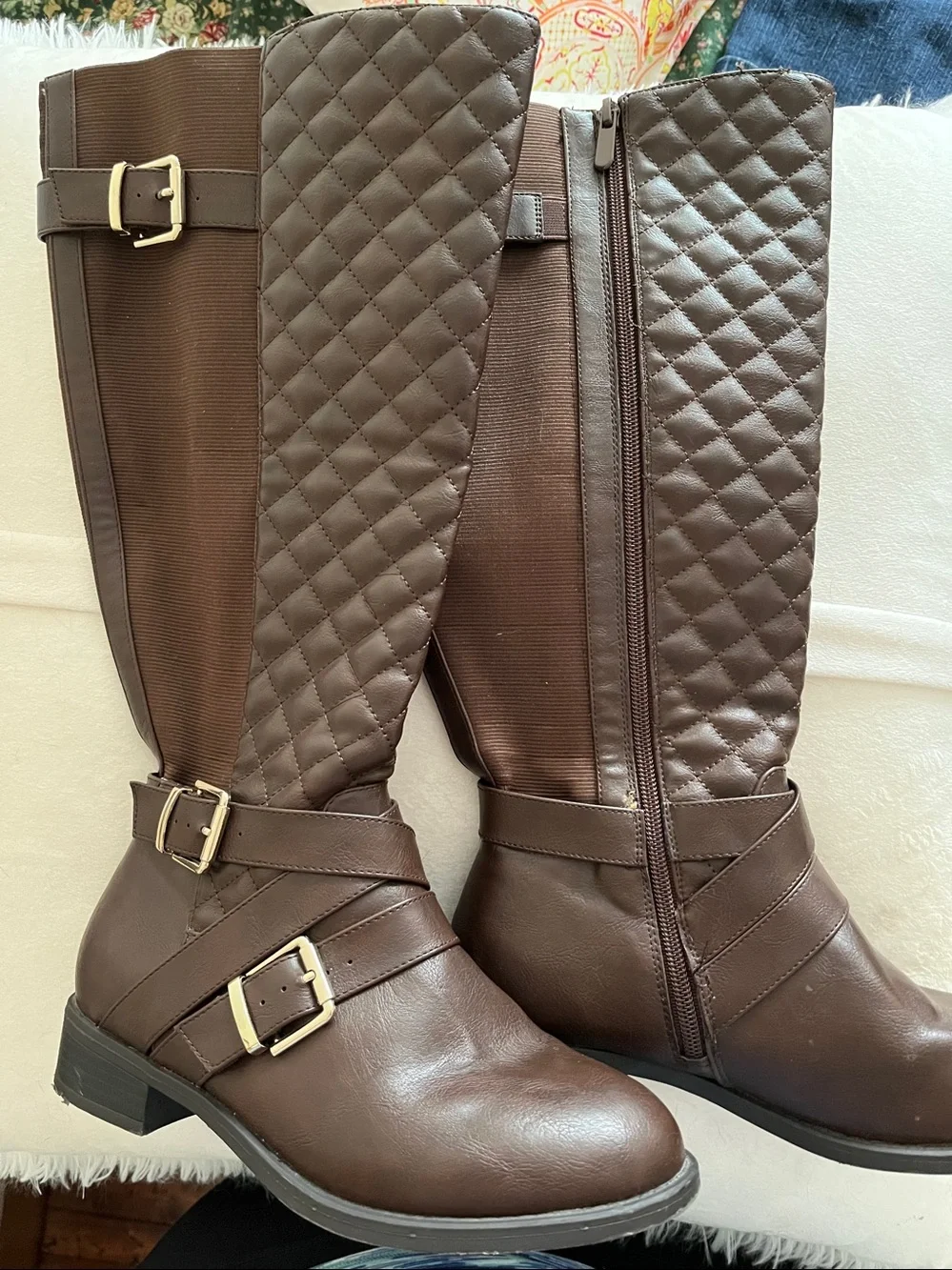 Quilted Brown Over-the-Knee Riding Boots with Buckle Detail